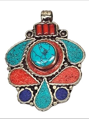 New Boho Tibetan Style 925 Stamped Mosaic Pendant Faux Turquoise Coral Jewelry